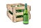 Vintage wooden wine crate filled white wine bottles