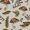 Vintage woodland nature seamless pattern. Amanita mushroom, fern, forest plants witchcraft wallpaper. Botanical texture