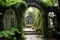 vintage wrought iron archway with ivy creeping up