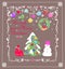 Vintage Xmas greeting handmade childish card with Christmas snowy tree, snowman, gift, hanging wreath and colorful balls