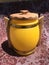 Vintage yellow glass cookie jar vessel wooden brown handle siesta