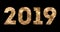 Vintage yellow gold sparkly glitter lights and glowing effect simulating leds happy new year 2019 word text on black background