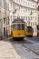Vintage yellow tramway in Lisbon, Portugal