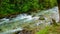 Vintgar gorge, Slovenia. River near the Bled lake with wooden tourist paths, bridges above river and waterfalls.