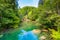 Vintgar gorge waterfall in Slovenia, Triglav national park. Pure fresh water in beautiful nature and forest. Tourist paths near wa