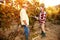 Vintner inspecting vine in vineyard