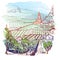 Vinyard in Tirol Alps, Austria. Rural panorama of the mountain valley with a grapevine plantation and village. Linear