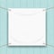 Vinyl banner blank white isolated on pastel wood frame, white mock up textile fabric empty for banner advertising stand hanging