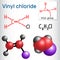 Vinyl chloride molecule. It is also called vinyl chloride monomer (VCM) or chloroethene. Structural chemical formula and