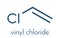 Vinyl chloride, polyvinyl chloride PVC plastic building block. Skeletal formula.