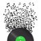 Vinyl disk with flying sound note. Music disk vector illustratio