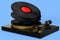 Vinyl record player or DJ turntable with flying vinyl plate on blue background.