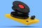 Vinyl record player or DJ turntable with flying vinyl plate on blue background.