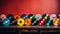 vinyl records on wooden shelf on red background