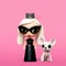 vinyl toy of female pop star wearing a crown with a small dog