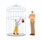 Violence against children. Boy in cage under lock and adult with key outside. Punishment loneliness, psychological