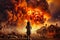 Violent explosion against the backdrop of the house. A child watches the explosion and fire. Sunset. Apocalypse. War. Nuclear