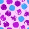 Violet, blue messy grunge polka dot. Grungy dotted seamless pattern.