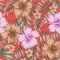 Violet and brown hibiscus green palm leaves living coral pattern