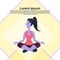 Violet cartoon character girl sitting pose doing yoga exercises yellow background copy space