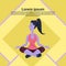 Violet cartoon character girl sitting pose doing yoga exercises yellow background copy space flat