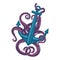 Violet cartoon octopus with curvy arms and suction cups around sea anchor
