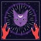 Violet cat face with moon on night sky with ornamental round frame. Red hands. Magic, occult symbols.