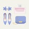 Violet Clutch bag, earring, perfume and shoes vector set. Modern vector illustration. Women bag for cocktail party