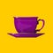 Violet coffee or tea in purple cup and fragrance on a orange background. Porcelain on saucer.