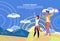 Violet couple cartoon character man woman tourists landscape background fabulous personage vacation concept copy space