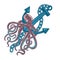 Violet cuttlefish or octopus with wavy arms sitting on sea or ocean anchor.