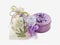 Violet gemstone box, aroma candle in glass decorated with flowers