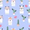 Violet hand drawn cute seamless pattern with llama,heart glasses