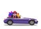 Violet modern cartoon cabriolet car full of gift boxes isolated