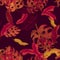 Violet Monstera Textile. Autumn Banana Illustration. Yellow Tropical Illustration. Purple Seamless Set. Orange Pattern Wallpaper.