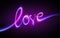 Violet neon love lettering isolated on black. Glowing line art, light drawing, handwritten word, ultraviolet text.