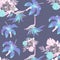 Violet Pattern Background. Cobalt Tropical Hibiscus. Indigo Floral Foliage. Navy Flora Exotic. Purple Decoration Palm.