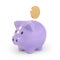 Violet piggy bank and one coin on white background. Accumulation concept. 3d rendering.