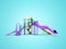 Violet playground for children with stairs with yellow spiral slide straight slide 3d render on blue background with shadow