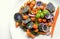 Violet potato and carrot salad with onion