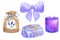 Violet purple white bow. Lavender sachet with blue ribbon. Piece of violet lavender wrapped soap. Purple violet burning