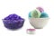 Violet salt wiih candle and bath balls