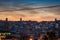 Violet sunset above moroccan city Fes with silhouette of minarets