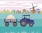 Violet tractor in a field and a mill in a Scandinavian village, flat vector stock illustration with heavy machine as a farming