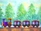 Violet train retro cartoon watercolor painting travel in christmas pine tree forest illustration design hand drawing