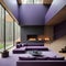 Violet-tufted sofa in a large, lavish room with a staircase and fireplace