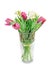 Violet tulips, white freesias, bouquet, floral arrangement in a transparent vase filled with water, isolated, white background