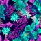 Violet Watercolor Textile. Pink Hibiscus Set. Green Flower Jungle. Colorful Isolated Painting. Coral Seamless Palm. Indigo Pattern