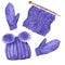 Violet wool, mittens, hat and needle. Watercolor.