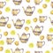 Violet and yellow teapot or coffeepot, lemon slice and cookie seamless pattern. Watercolor.